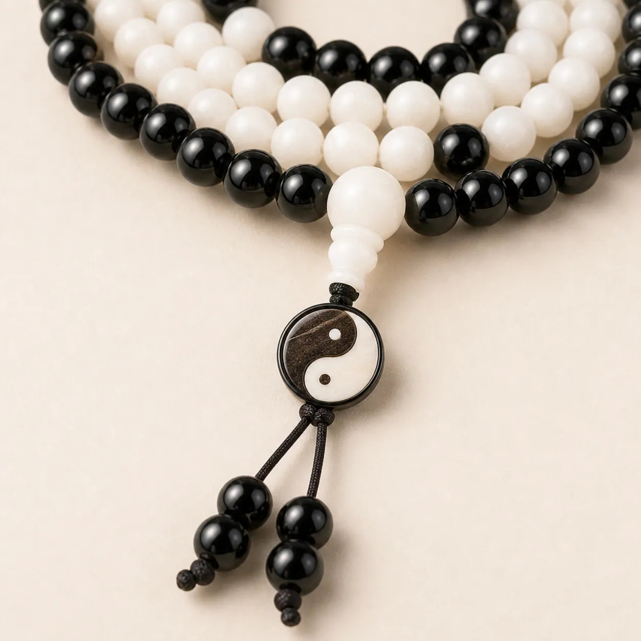 Two Forces White Jade Ebony Yin Yang 108-Bead Mala
