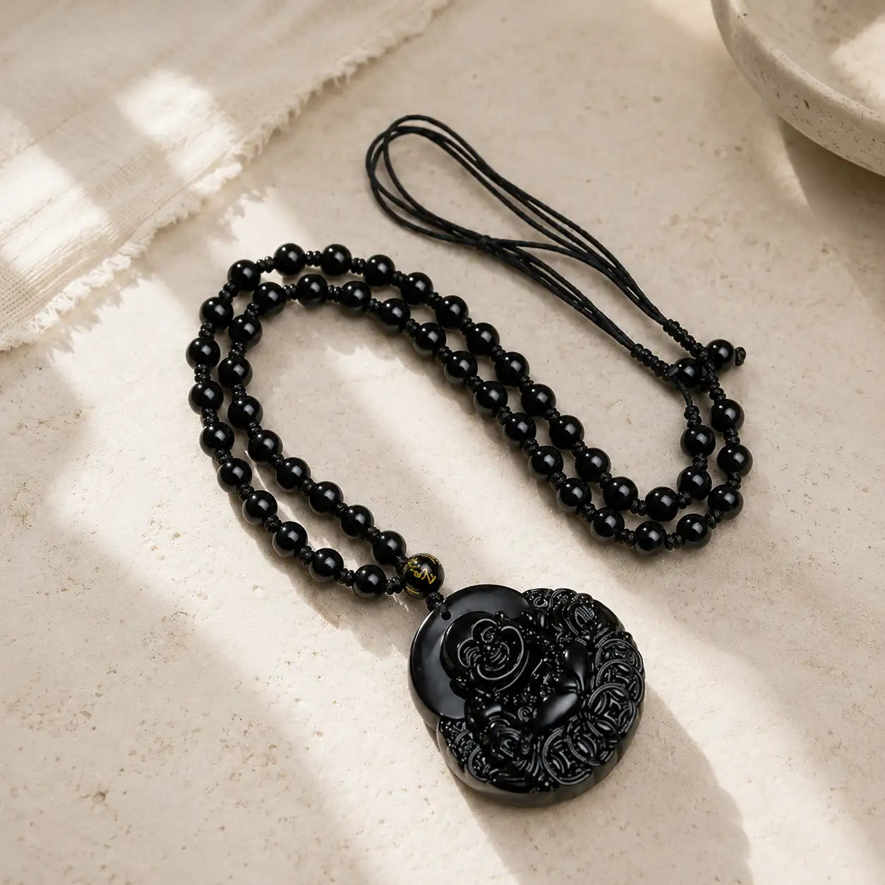 Obsidian Laughing Fortune Symbol Pendant