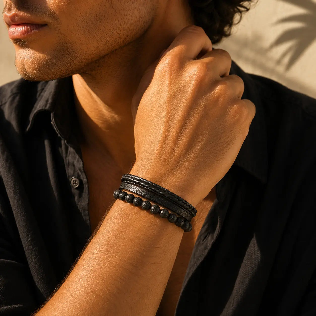 Black Stone Leather Bracelet