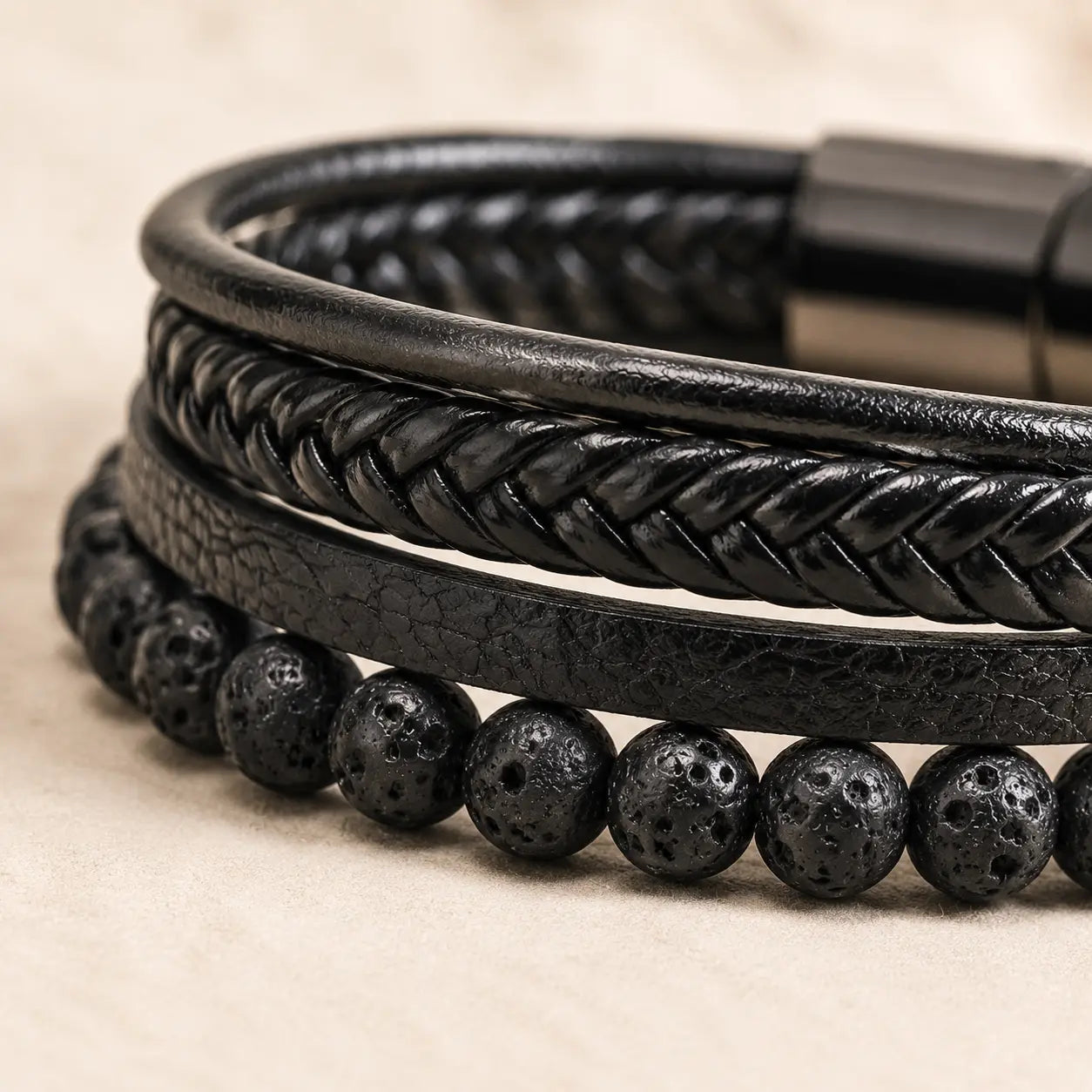 Black Stone Leather Bracelet