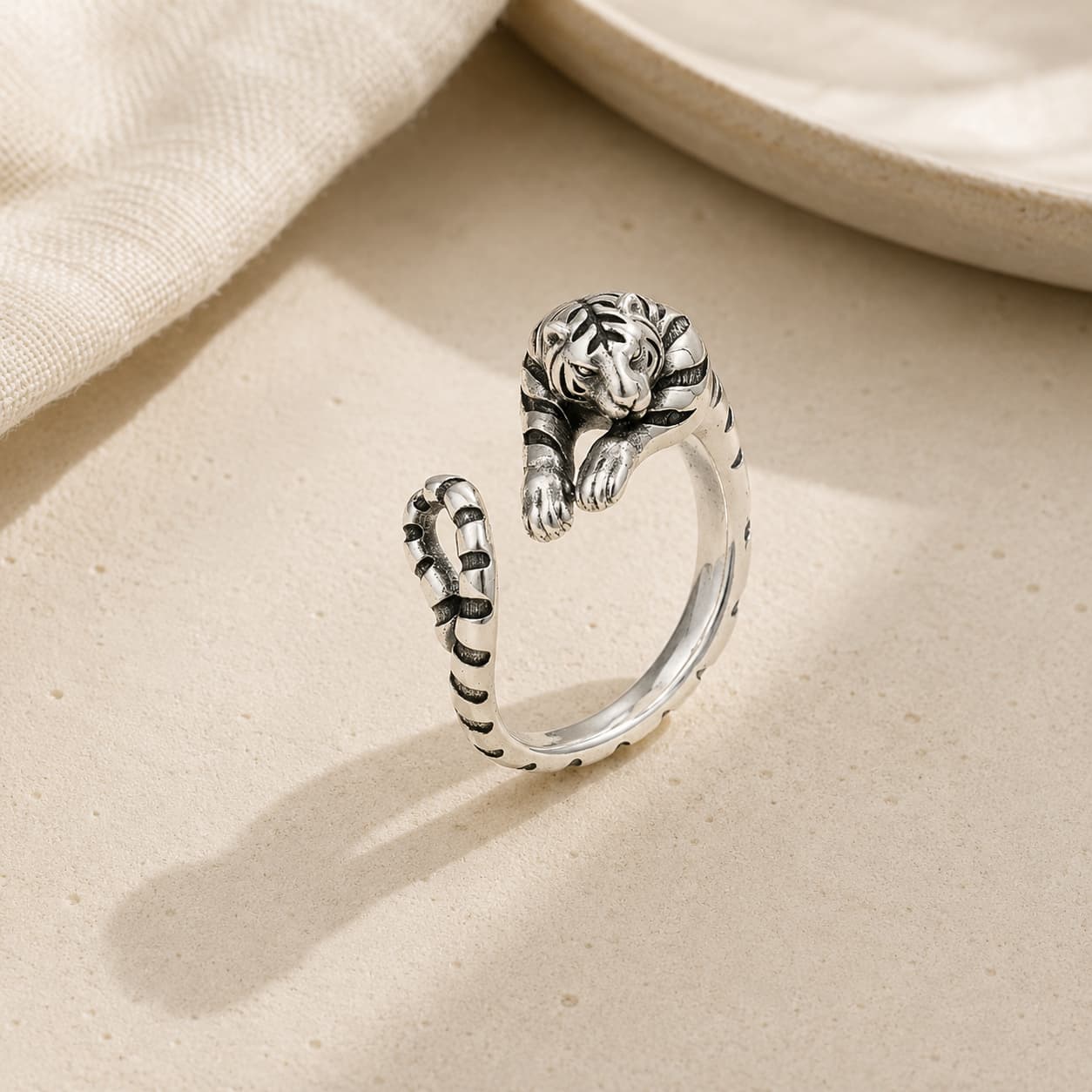 Silver Zodiac Tiger Adjustable Open Ring