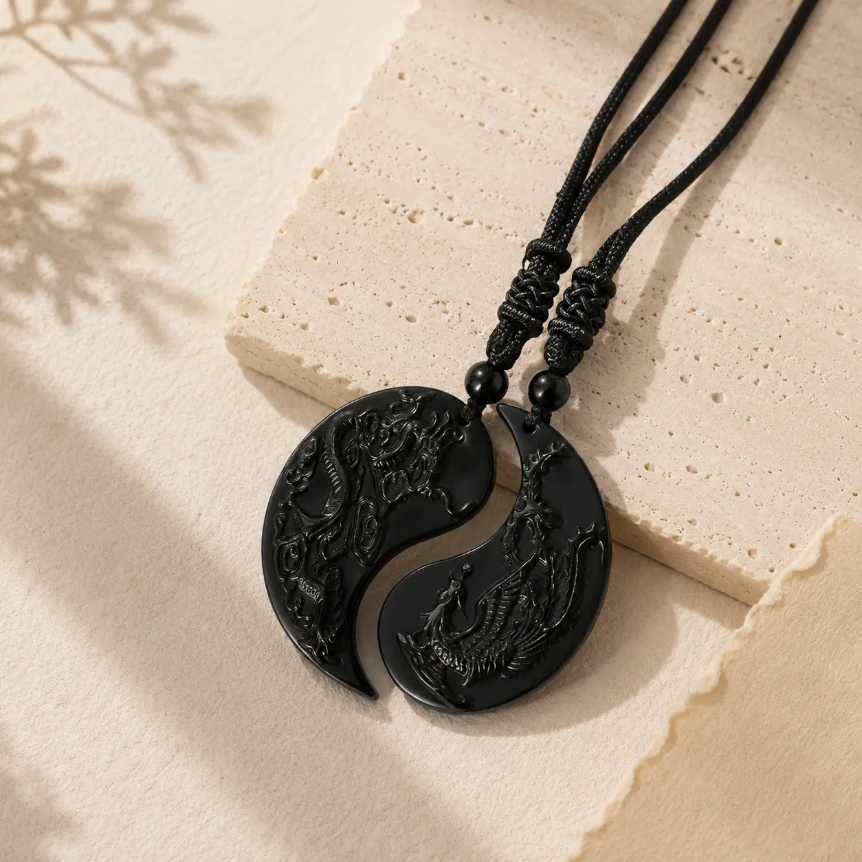 Bound Together Dragon Phoenix Obsidian Couple Pendants