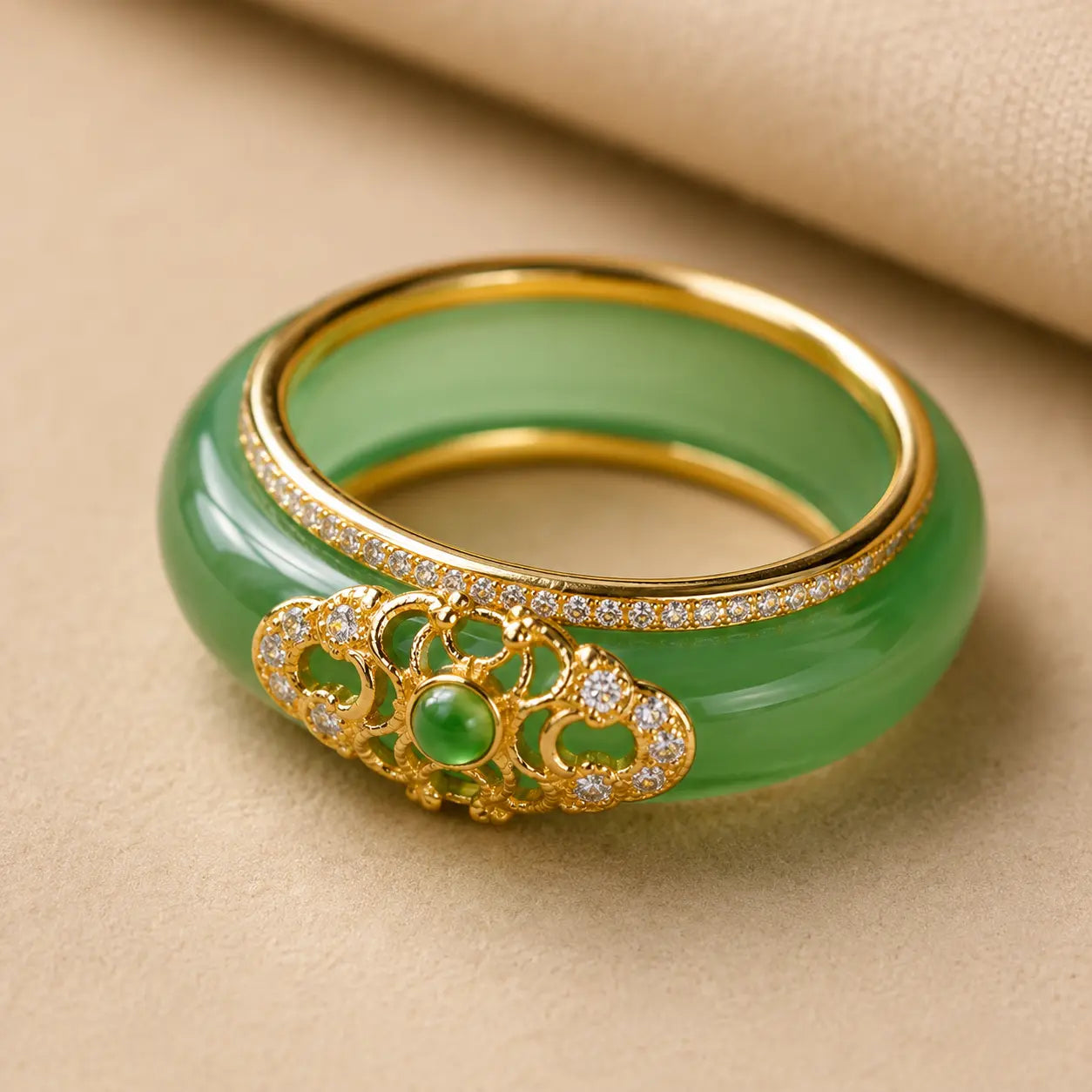 Jade Green Chalcedony Wide Band Statement Ring detail view with chalcedony
