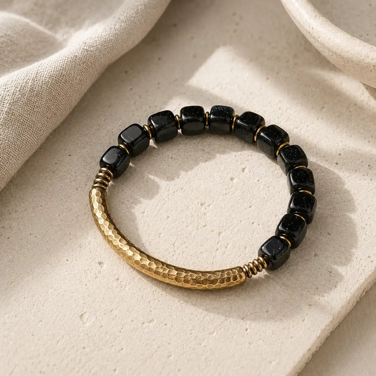 Black Obsidian Brass Pipe Bracelet