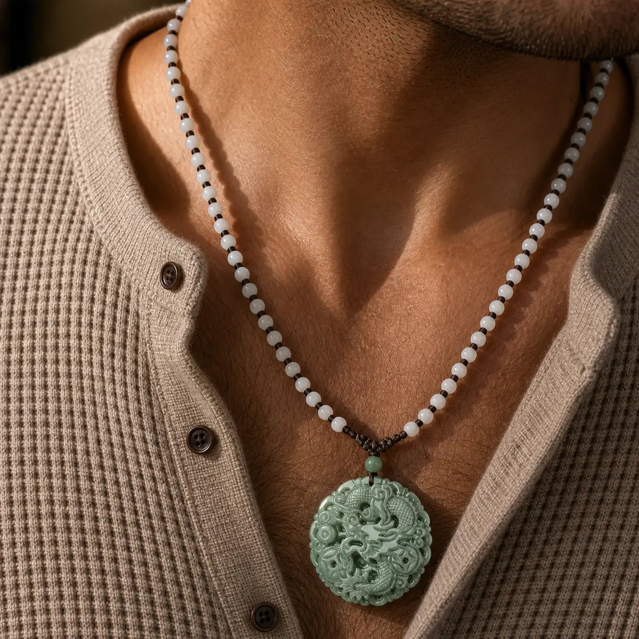 Imperial Pulse Jade Dragon Pendant worn as a green jade necklace
