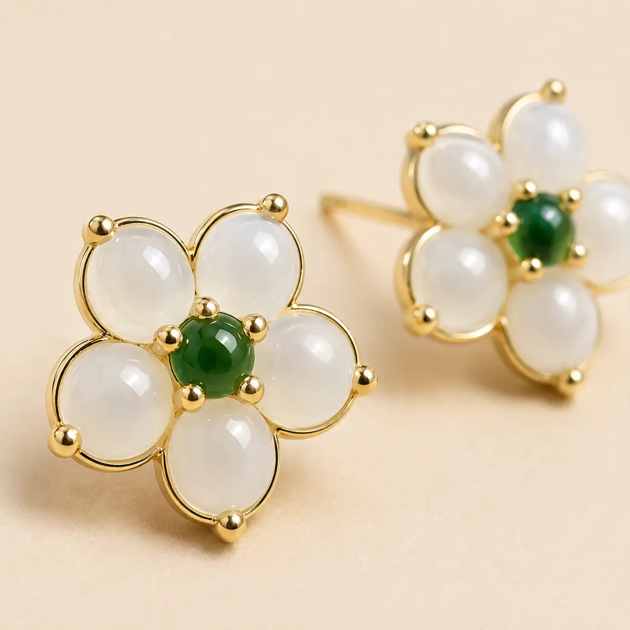 Jade Four-Petal Stud Earrings shown from another angle with green jade