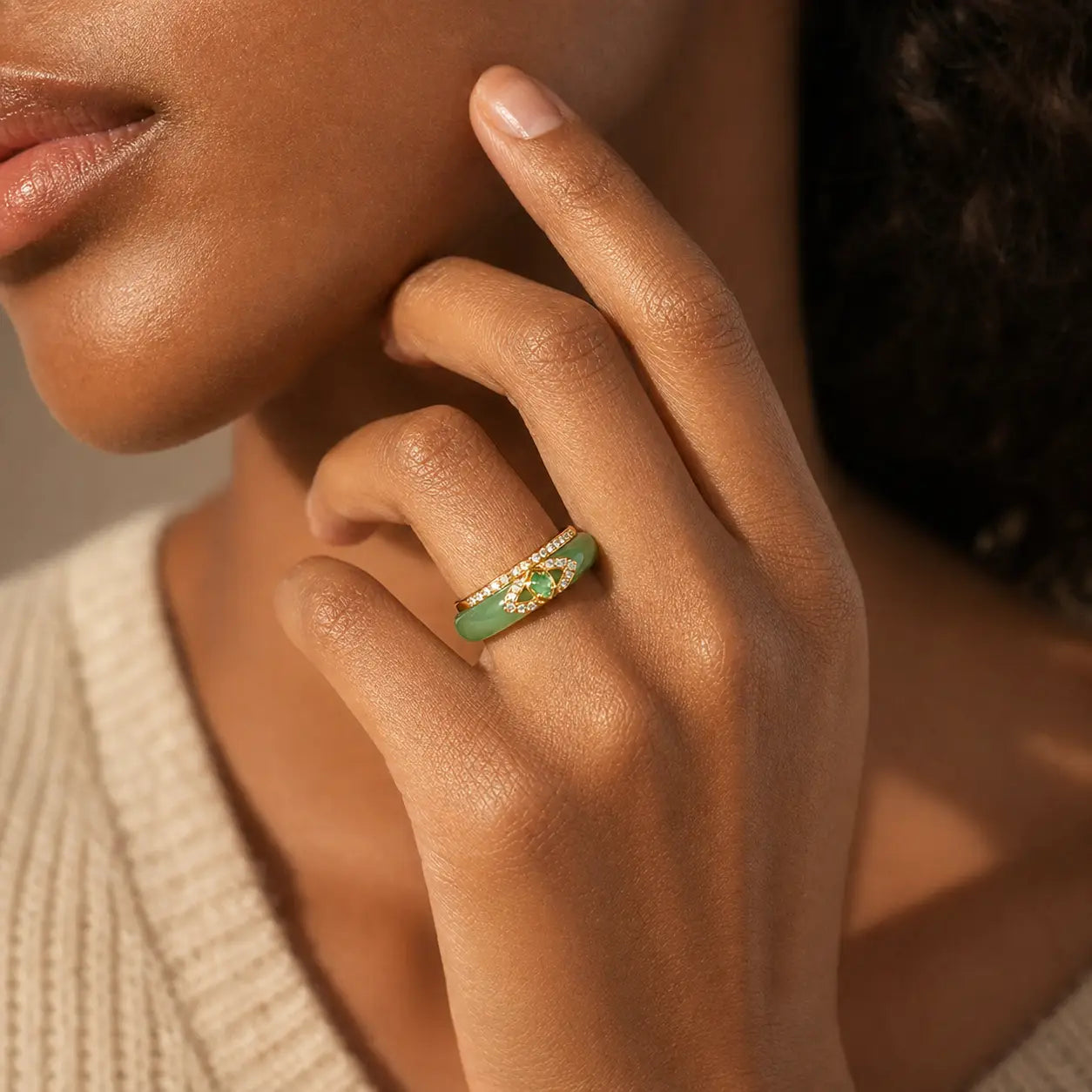 Jade Green Chalcedony Wide Band Statement Ring worn on hand with a neutral background
