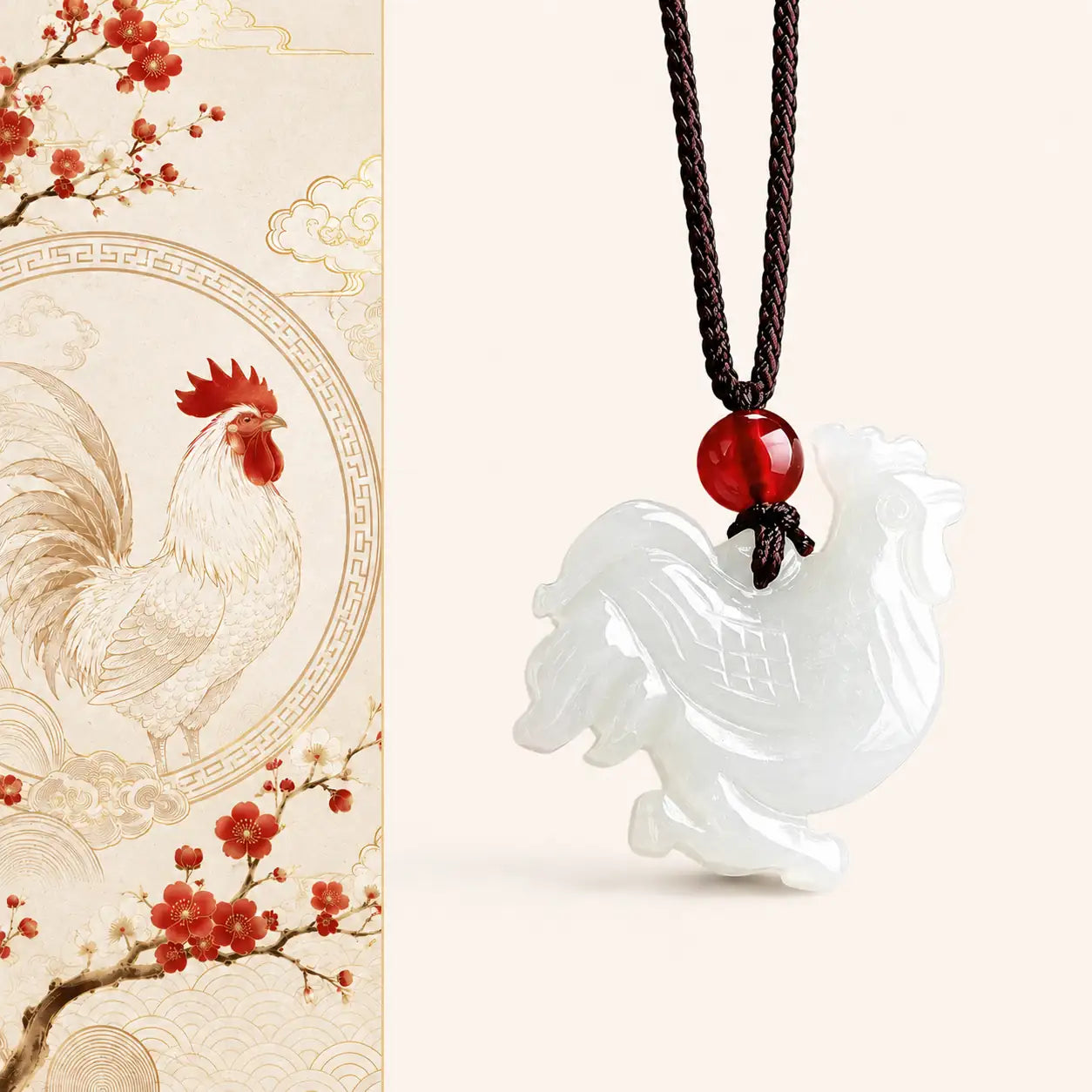 Jade Zodiac Rooster Pendant shown from alternate angle with rooster carving detail