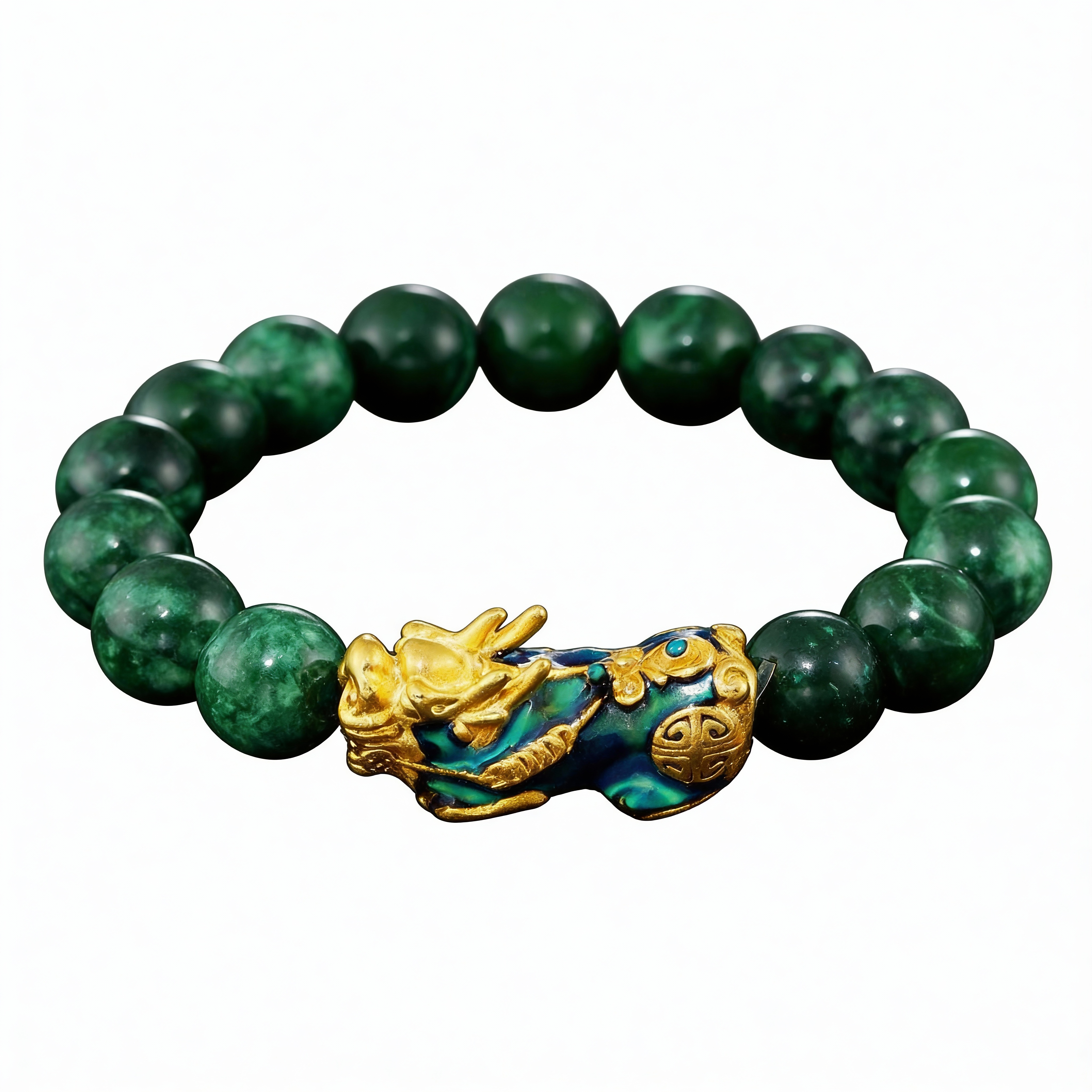 Green beaded bracelet with a gold and blue dragon charm on a white background