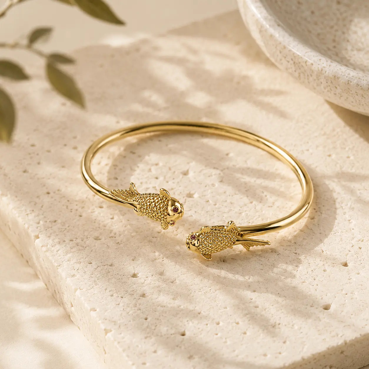 Koi Fish Gold Cuff Bracelet detail view with koi