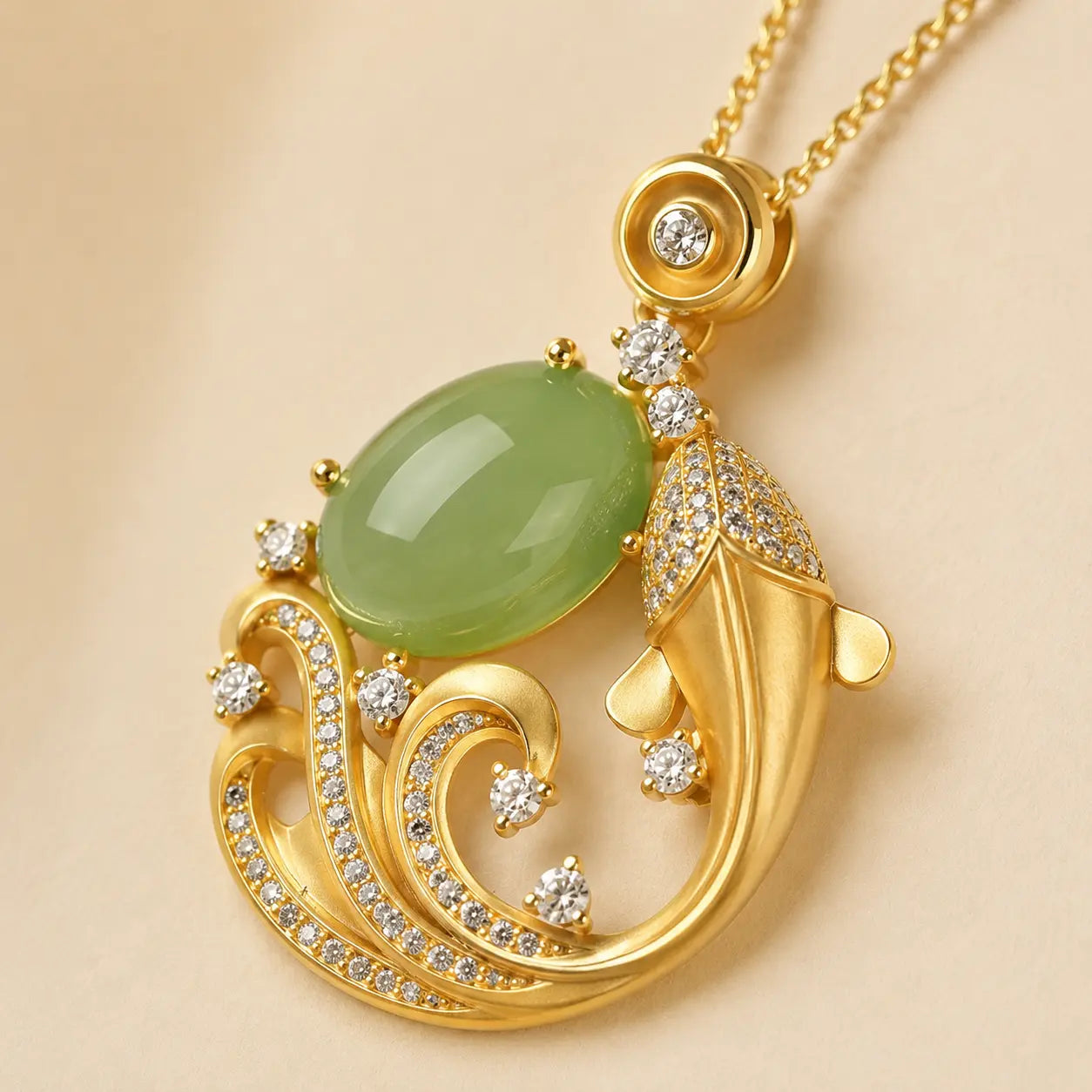 Koi Green Stone Pendant Necklace detail view with koi