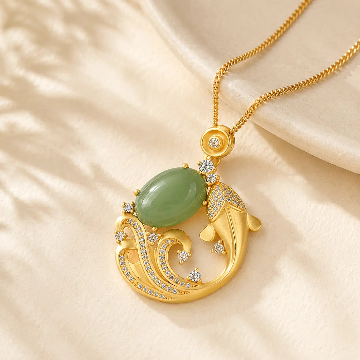 Koi Green Stone Pendant Necklace shown from another angle with koi