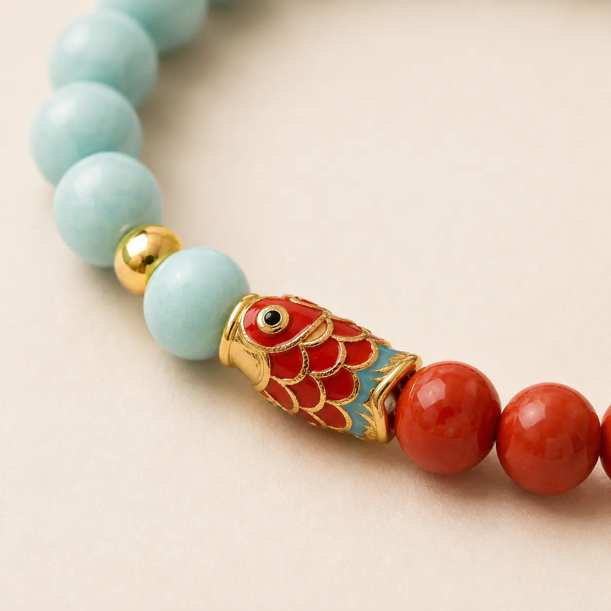 Koi Luck Turquoise & Cinnabar Bracelet detail view with cinnabar and turquoise