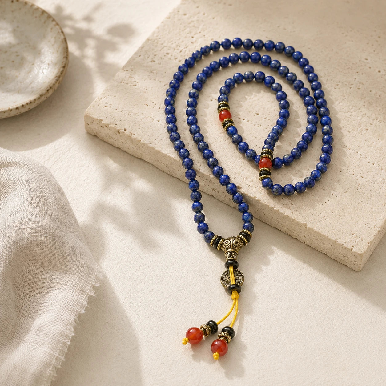 Lapis Lazuli 108 Mala Necklace detail view