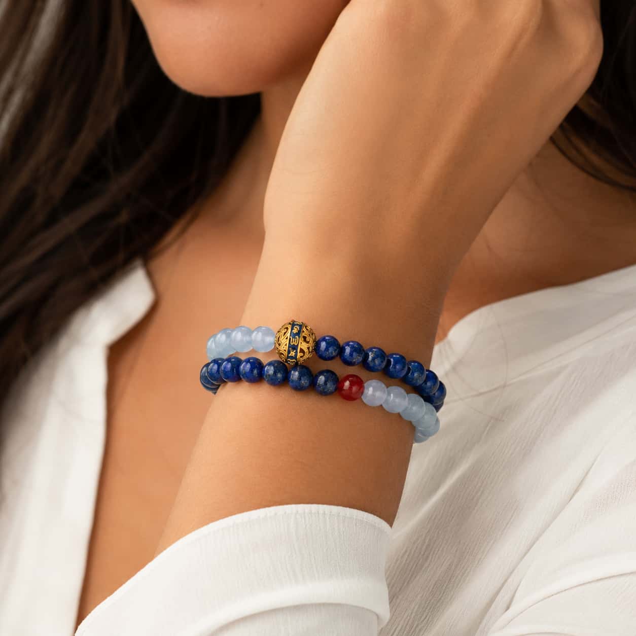 Close-up of Lapis Lazuli Blue Chalcedony Double Wrap Bracelet with agate and chalcedony
