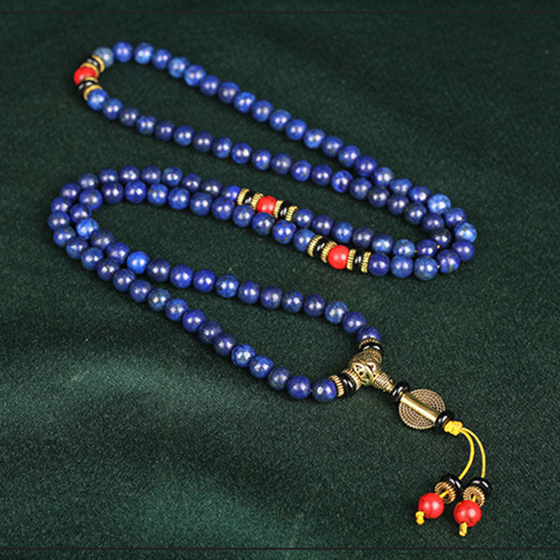 Long view of Lazurite mala necklace with gold accents – TheFuMaster
