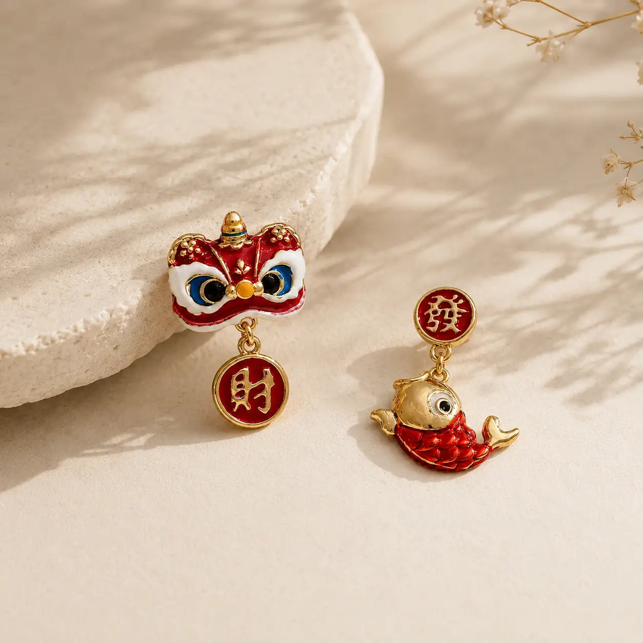 Lion Koi Drop Earrings detail view with koi