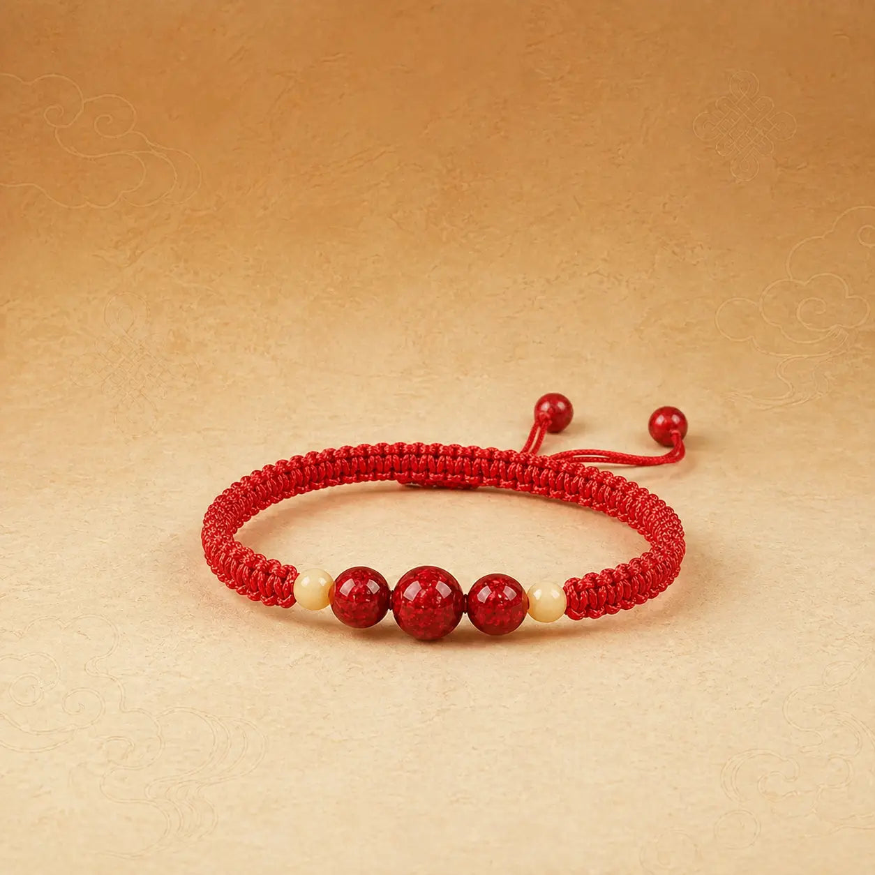 Red bracelet with red and beige beads on a beige background