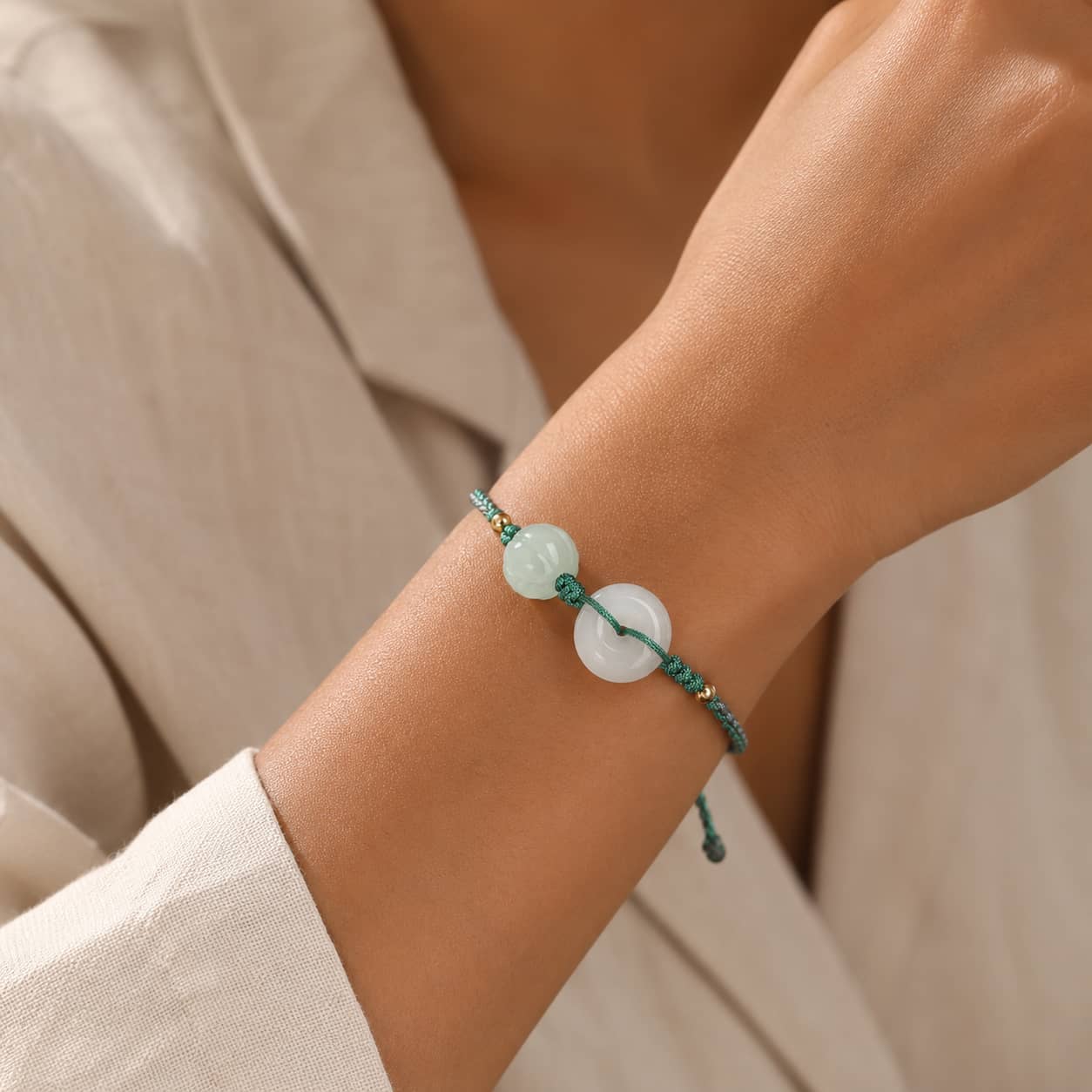 Close-up of Little White Jade Peace Bracelet with white jade