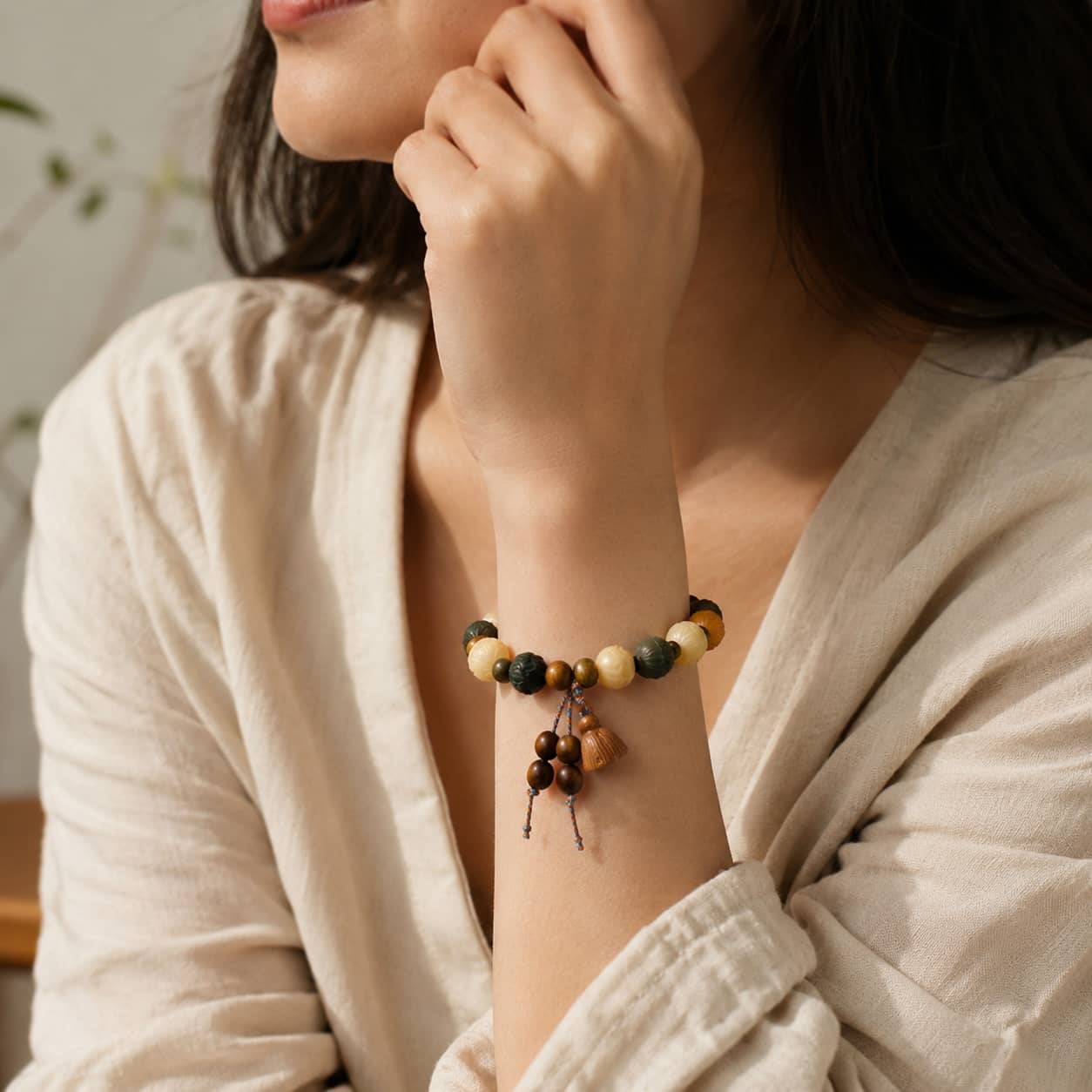 Close-up of Lotus Bodhi Bracelet with bodhi and sandalwood