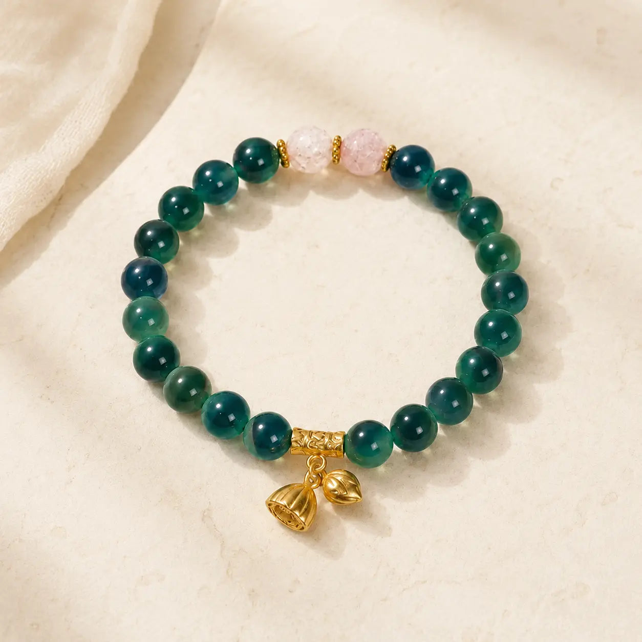 Lotus Wish Green Agate Bracelet shown from another angle with agate and lotus