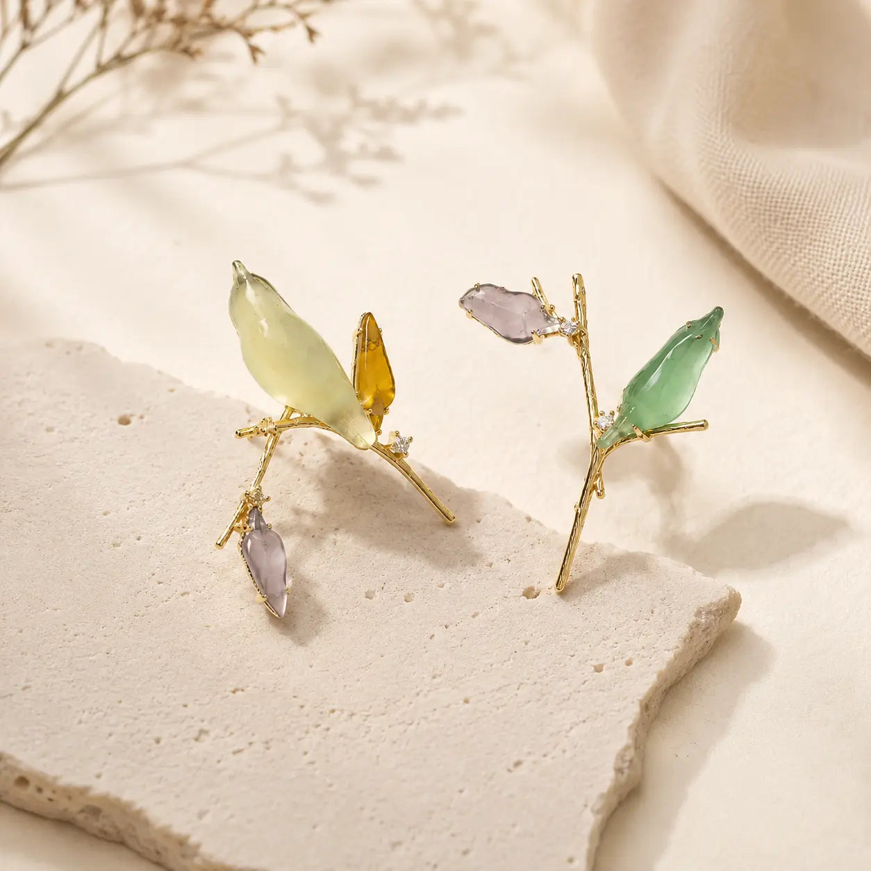Magpie Branch Jade-Style Stud Earrings shown from another angle