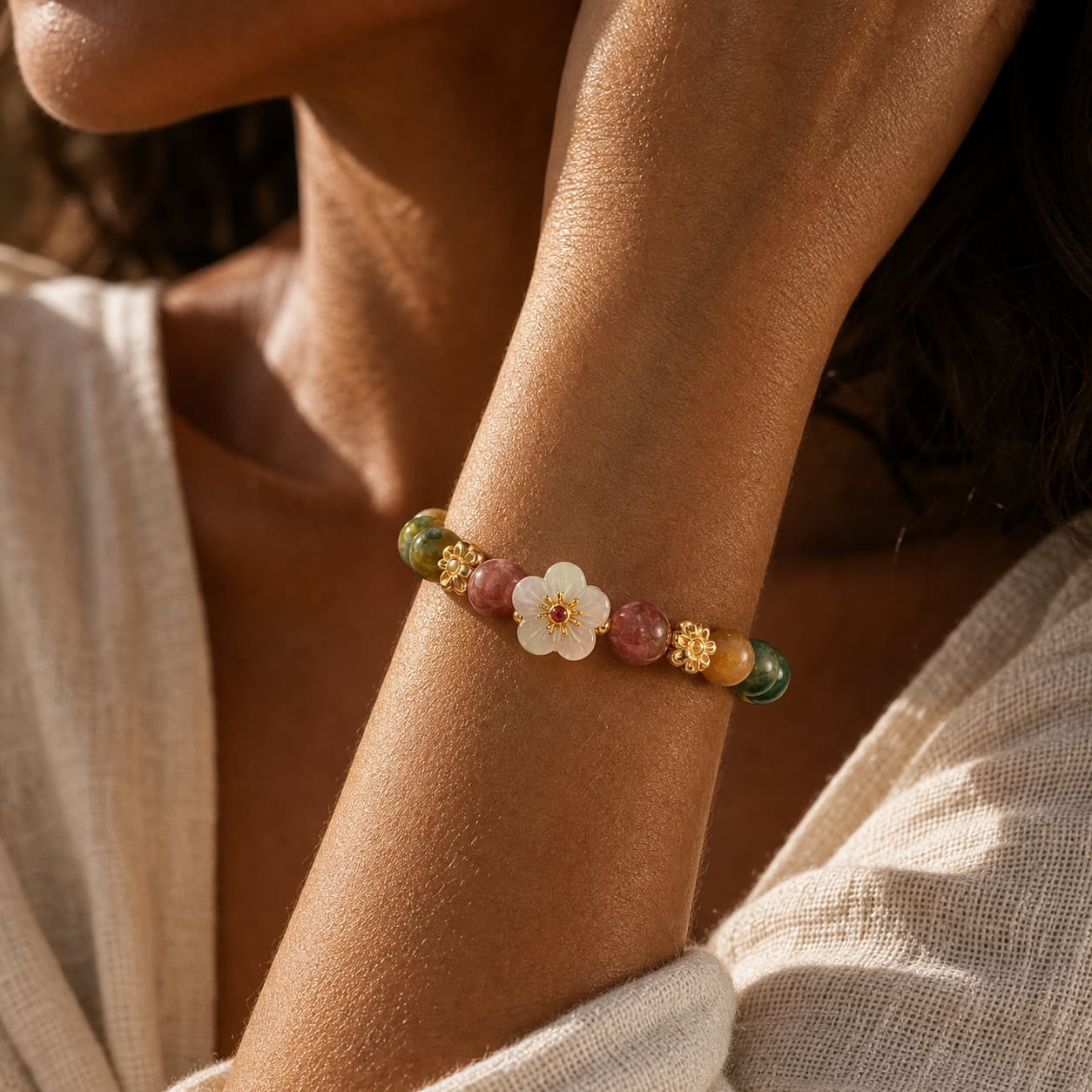 Quiet Garden Mixed Jade Flower Bracelet styled with mixed jade beads