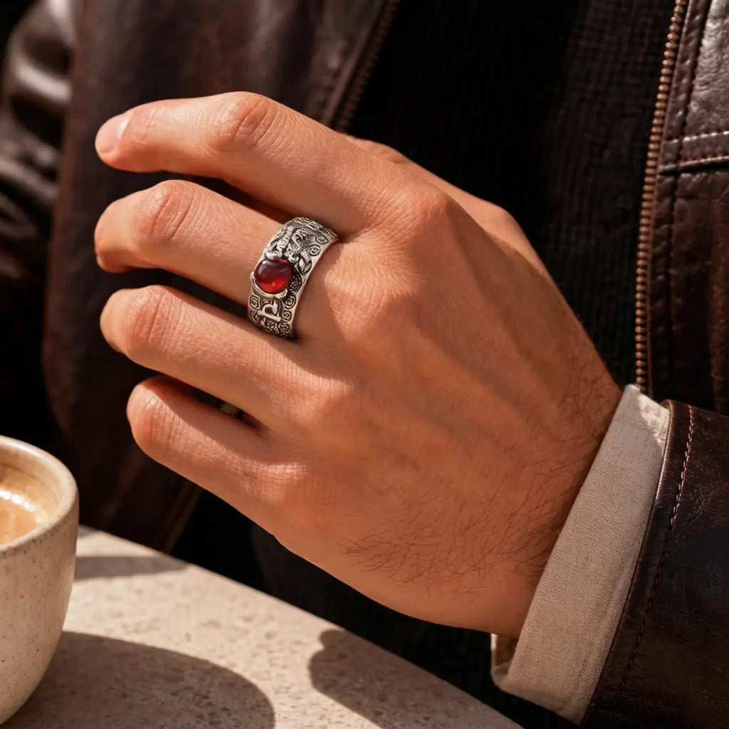 Close-up of Pixiu Symbol Wide Band Ring with pixiu