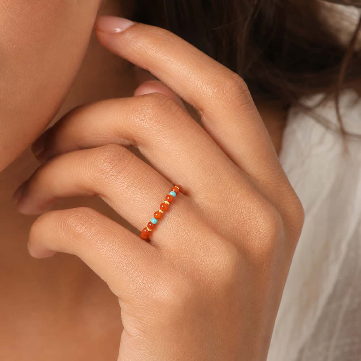 Close-up of Red Agate & Turquoise Ring with agate and turquoise