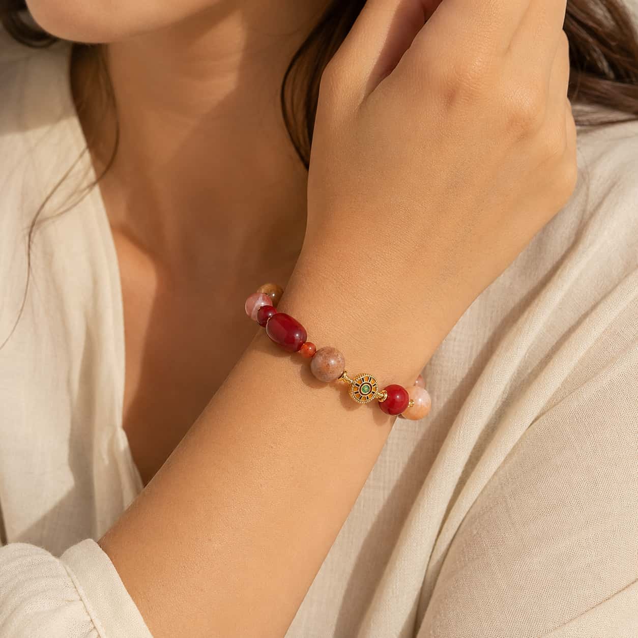 Close-up of Red Agate Emperor Stone Bracelet with agate