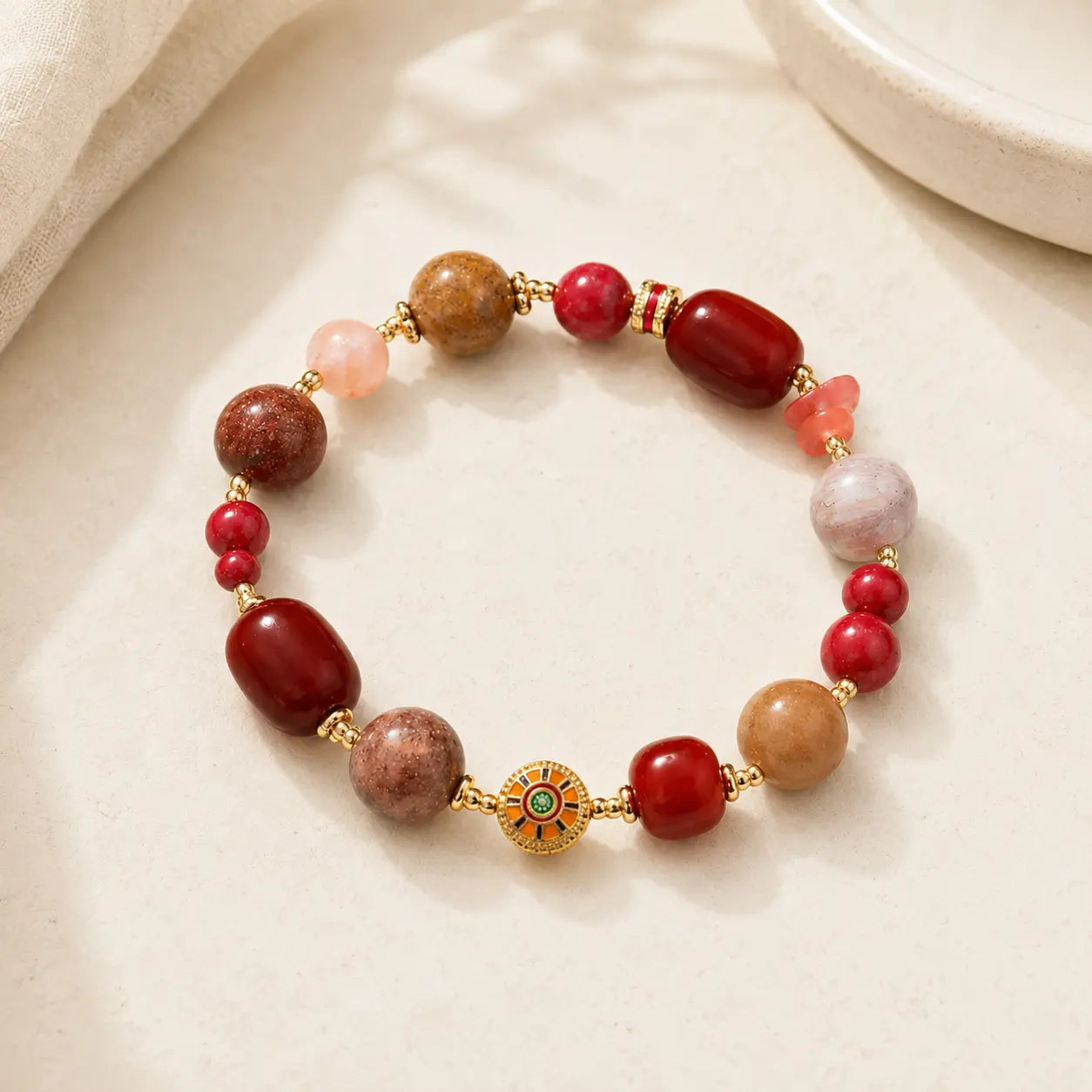 Red Agate Emperor Stone Bracelet shown from another angle with agate