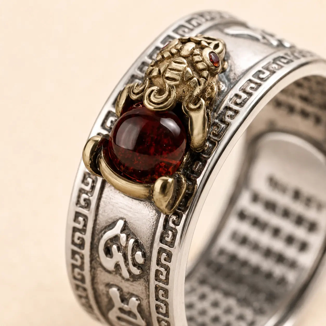Red Agate Pixiu Ring shown from another angle with agate and pixiu