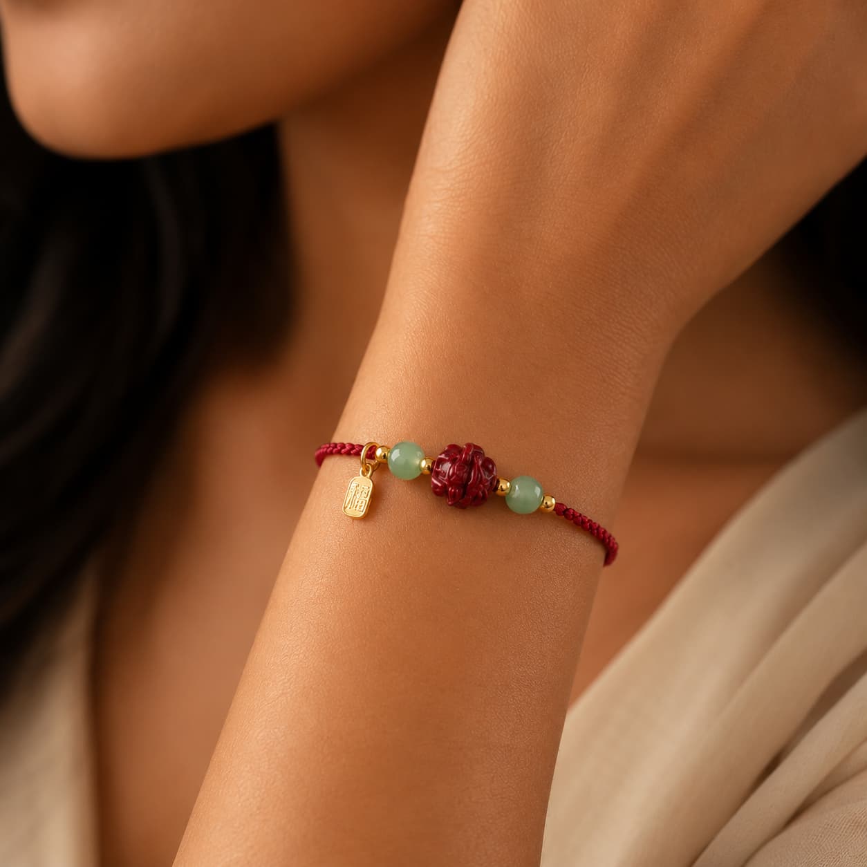 Close-up of Red Cinnabar Rooster Zodiac Bracelet with cinnabar