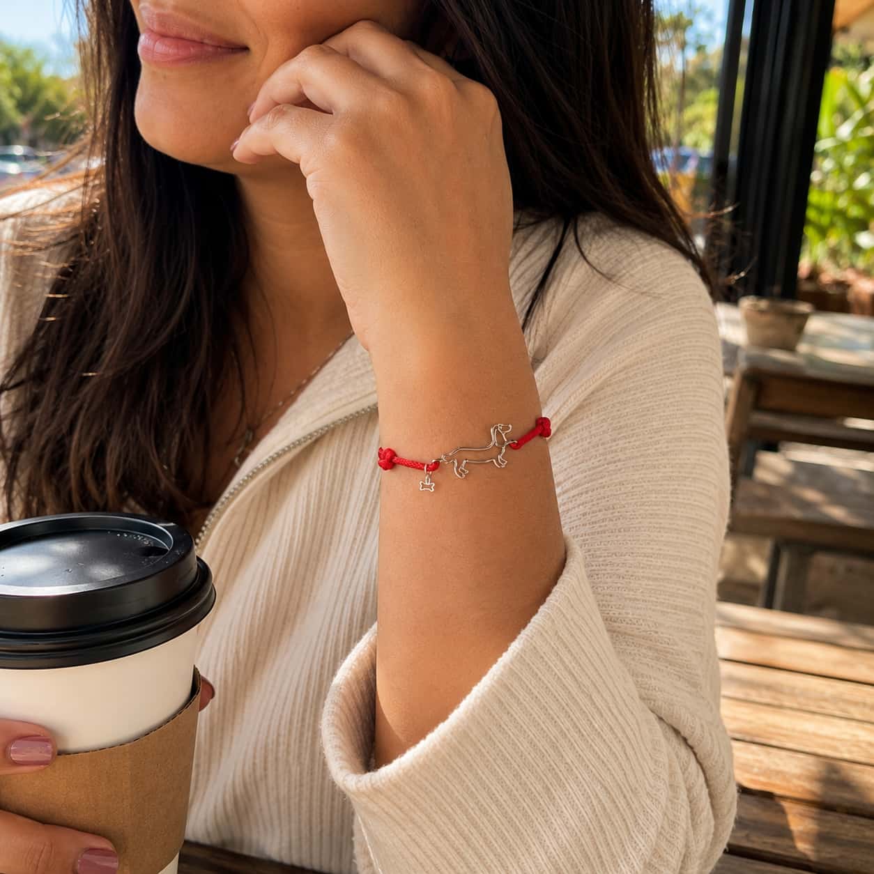 Close-up of Red Cord Dachshund Dog Bracelet