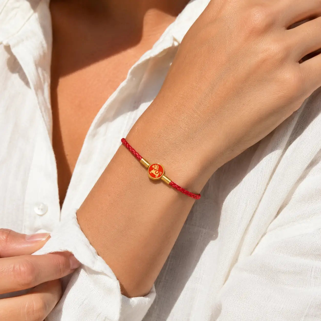 Red Leather Horse Fu Bracelet shown from alternate angle with red leather cord detail