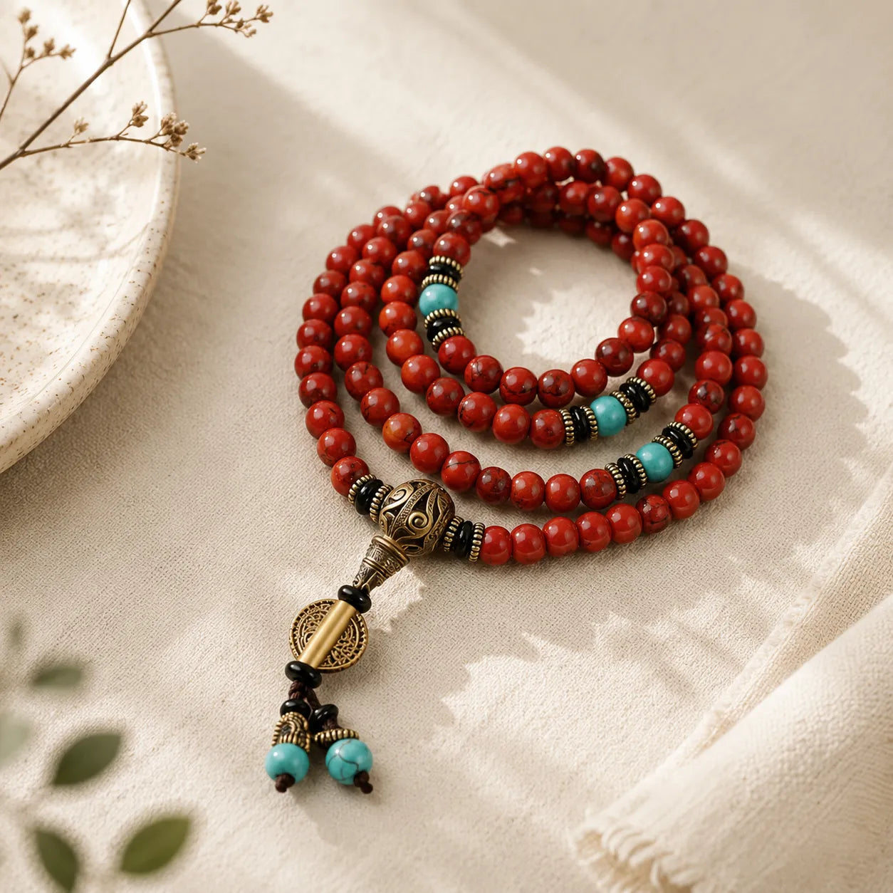 Red Stone 108 Mala detail view