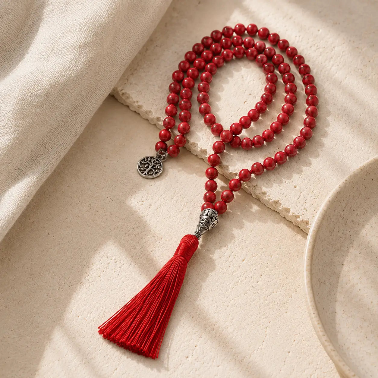 Red Stone 108 Mala Necklace detail view