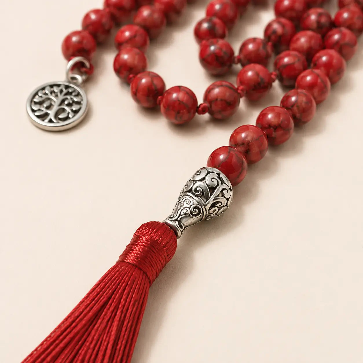 Red Stone 108 Mala Necklace shown from another angle
