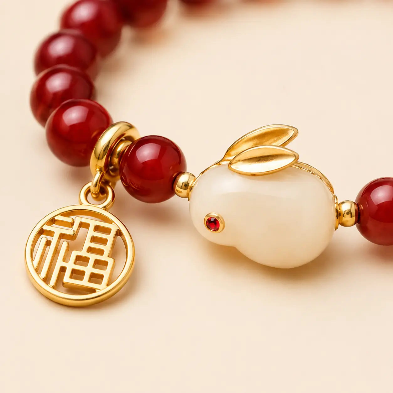 Red Stone Rabbit Fu Bracelet detail view