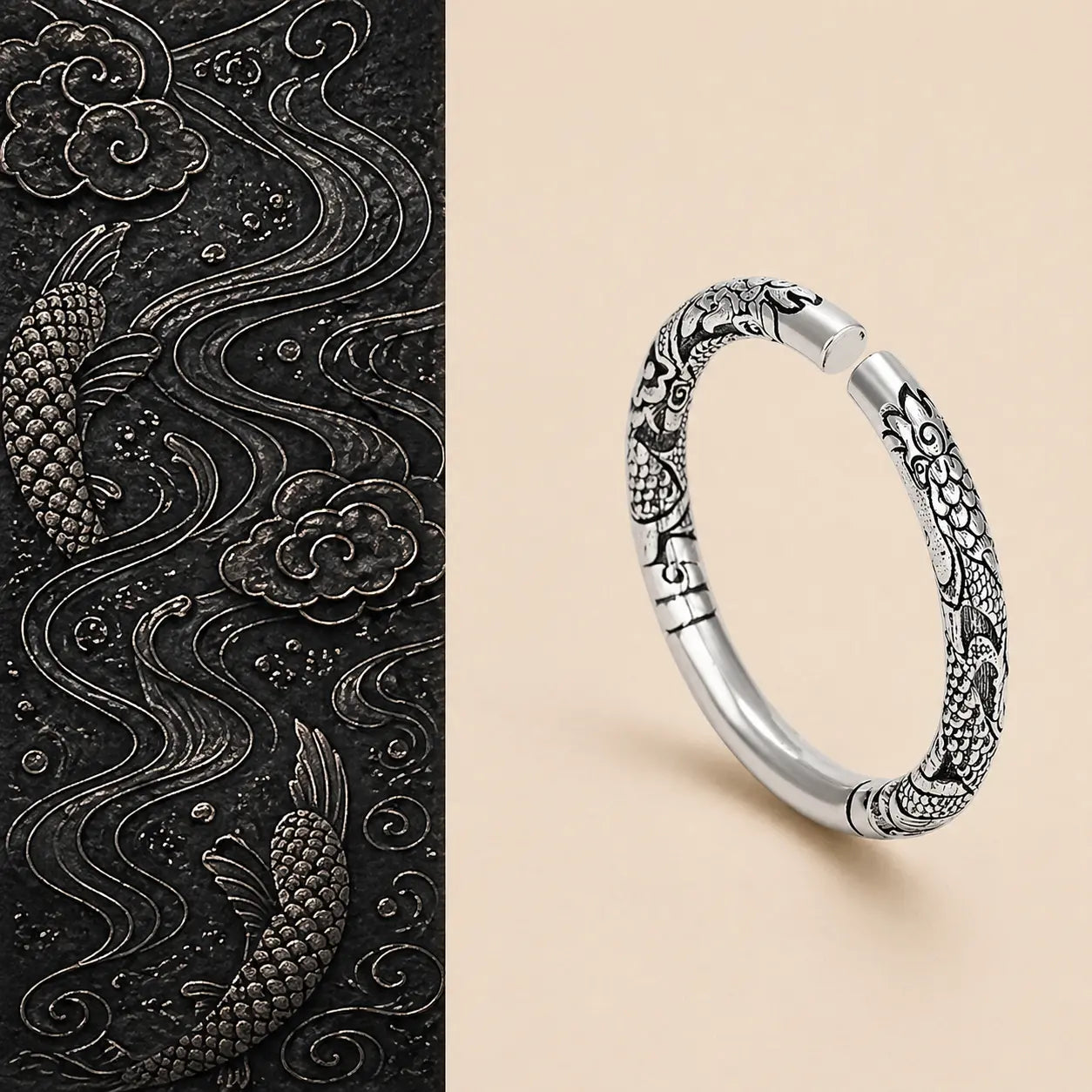 Rising Cloud Relief Cuff Bracelet with silver-tone cloud relief design by TheFuMaster