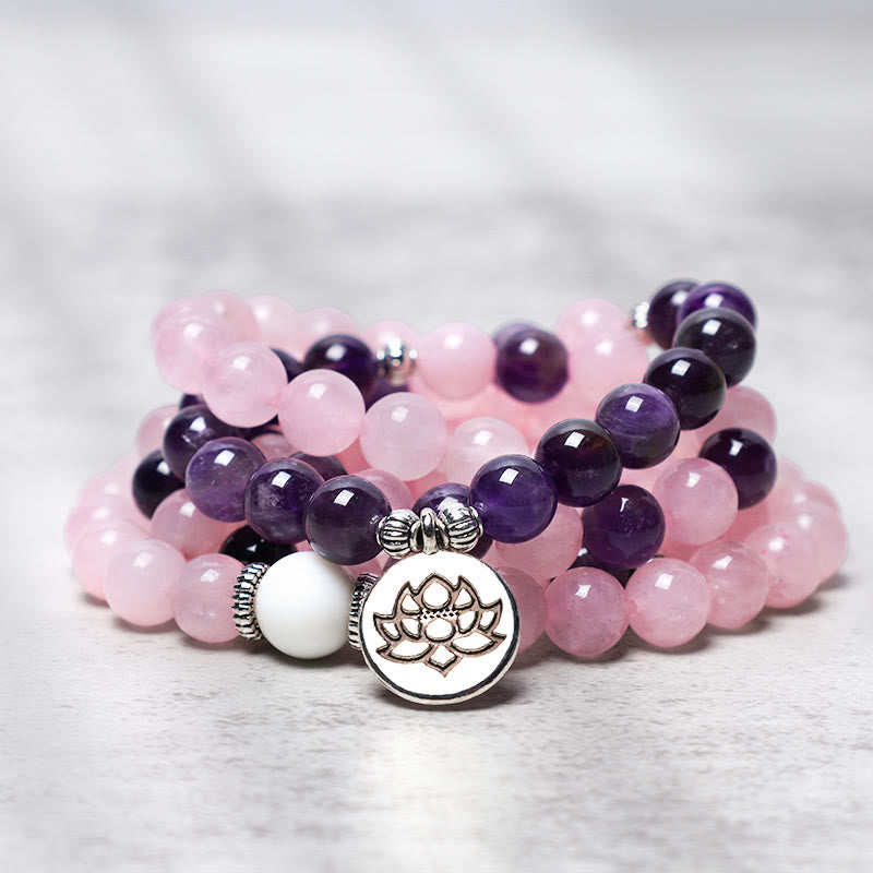 Rose Quartz and Amethyst mala bracelet with silver lotus pendant – TheFuMaster