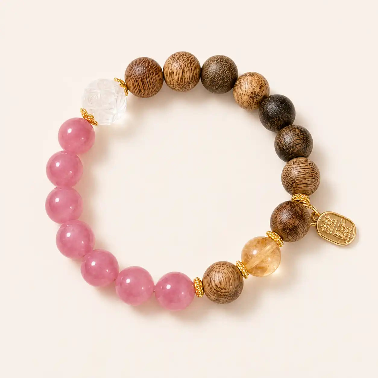 Rose Quartz Wood Lotus Bracelet with clear quartz and rose quartz