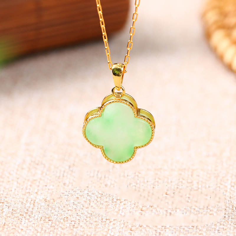 Front view of Serene Clover Jade Pendant Necklace showing gold-trimmed green jade clover design by TheFuMaster