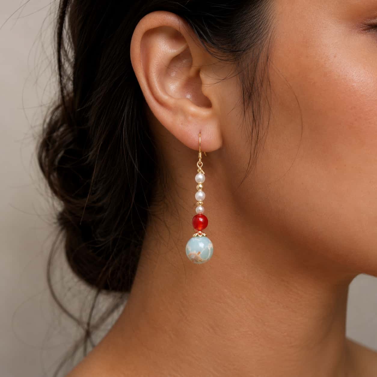 Close-up of Shoushan Stone Red Agate Drop Earrings with agate