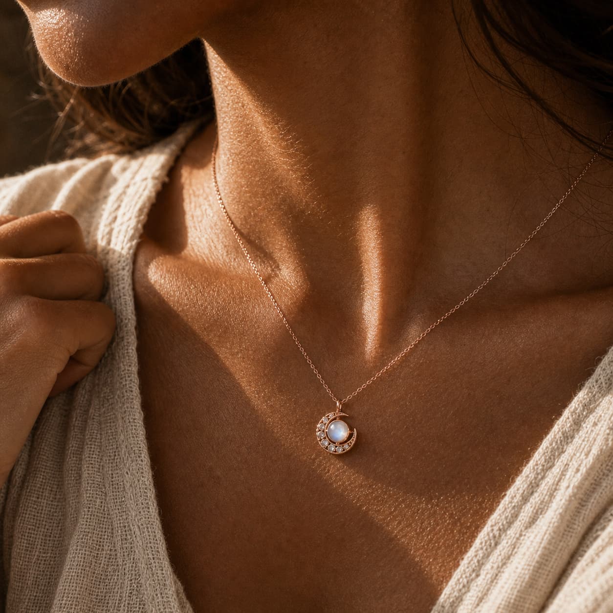 Close-up of Silver Crescent Moon Pendant Necklace
