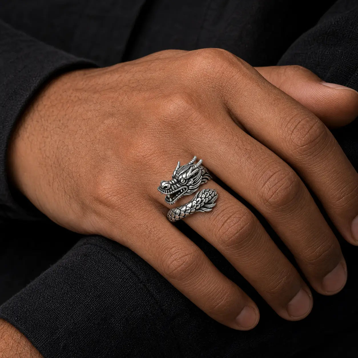 Sovereign Momentum Dragon Ring worn as a silver dragon ring