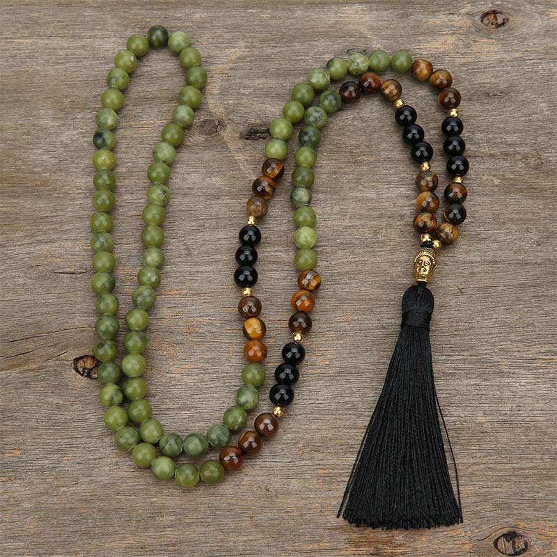 Black Onyx and Tiger Eye Protection Mala Necklace with Black Tassel – TheFuMaster