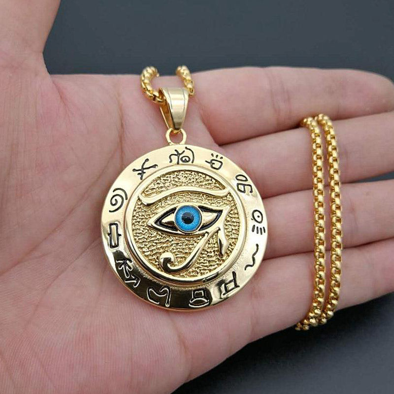 Evil Eye pendant necklace worn on hand – detail shot of TheFuMaster jewelry