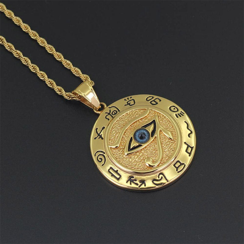 Gold Evil Eye pendant necklace with engraved symbols – TheFuMaster protection jewelry