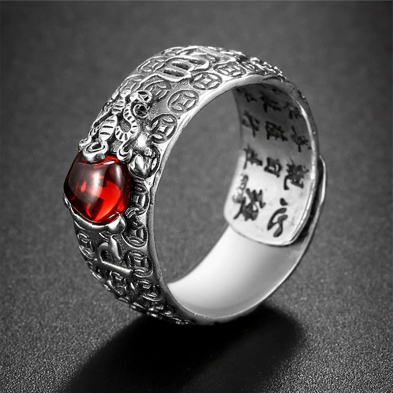 Garnet PiXiu Wealth Ring by TheFuMaster – Feng Shui energy jewelry symbolizing prosperity and protection